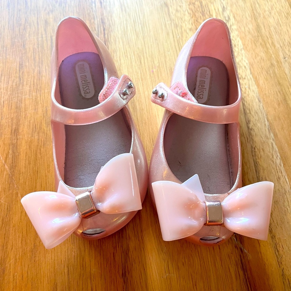 Mini Melissa pink sparkle bow sandals, VGUC size toddler 7